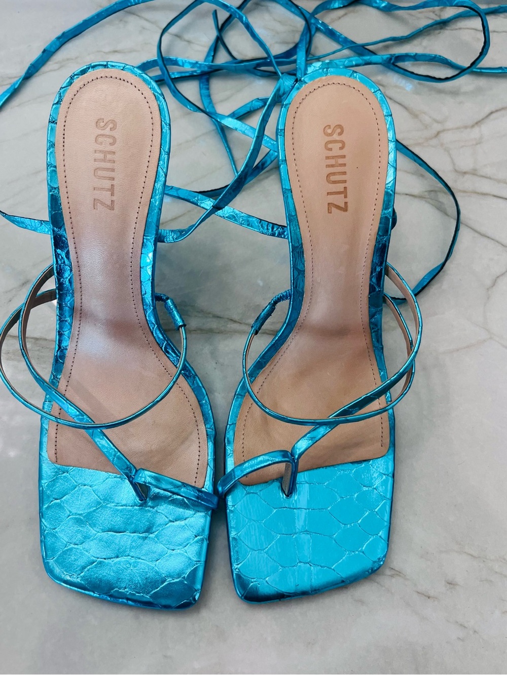 Schutz Metallic Turquoise Strappy Ankle-Tie High Heel Sandal NWT - Picture 9 of 9